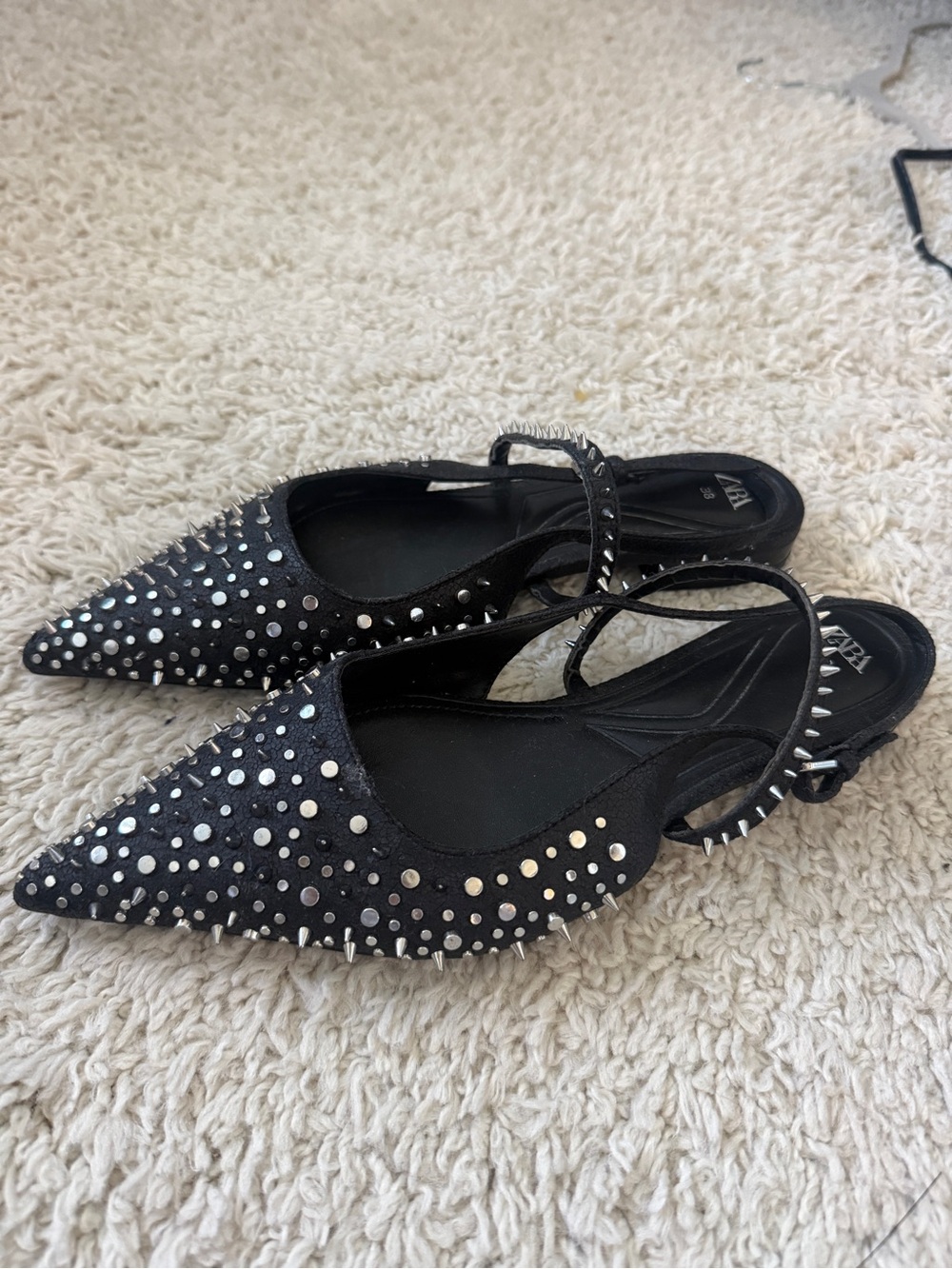 Zara Black Pointed-Toe Studded Slingback Flats